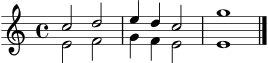 
\score {
  \new Staff <<
    \new Voice = "oben" { \voiceOne \relative c'' { \clef treble \key c \major \time 4/4 c2 d | e4 d c2 | g'1 \bar "|." } }
    \new Voice = "unten" { \voiceTwo \relative c' { e2 f | g4 f e2 | e1 } }
  >>
  \layout { }
  \midi { \tempo 4 = 72 }
}
