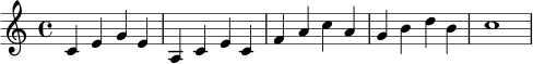 \relative c' {
\key c \major
\time 4/4
c4 e g e | a,4 c e c | f4 a c a | g4 b d b | c1
}