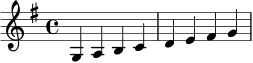 \relative c' {
\clef treble
\key g \major
\time 4/4
g4 a b c | d e fis g |
}