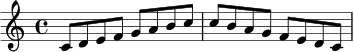 \relative c' { \clef treble \key c \major \time 4/4 c8 d e f g a b c | c b a g f e d c | }
