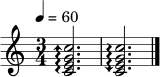 \relative c' {
\clef treble
\key c \major
\time 3/4
\tempo 4 = 60
\arpeggioArrowUp <c e g c>2.\arpeggio
\arpeggioArrowDown <c e g c>2.\arpeggio
\bar "|."
}