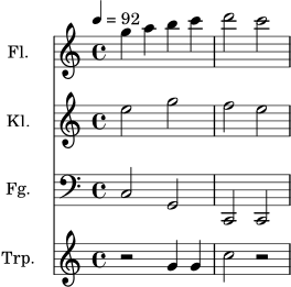 \version "2.18.2"
\header { tagline = ##f }
\score {
<<
\new Staff \with { instrumentName = "Fl." midiInstrument = "flute" } \relative c''' { \time 4/4 \tempo 4 = 92 g4 a b c d2 c }
\new Staff \with { instrumentName = "Kl." midiInstrument = "clarinet" } \relative c'' { e2 g f e }
\new Staff \with { instrumentName = "Fg." midiInstrument = "bassoon" } \relative c { \clef bass c2 g c, c }
\new Staff \with { instrumentName = "Trp." midiInstrument = "trumpet" } \relative c'' { r2 g4 g c2 r }
>>
\layout { }
\midi { }
}