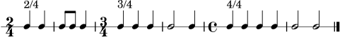 \version "2.24.0"
\header { tagline = ##f }
\score {
\new RhythmicStaff {
\time 2/4
c4^\markup { "2/4" } c4 |
c8 c8 c4 |
\time 3/4
c4^\markup { "3/4" } c4 c4 |
c2 c4 |
\time 4/4
c4^\markup { "4/4" } c4 c4 c4 |
c2 c2 |
\bar "|."
}
\layout { ragged-right = ##t }
\midi { \tempo 4 = 80 }
}