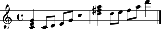 \relative c' { \time 4/4 <c e g>4 c8 d e g c4 | <d fis a>4 d8 e fis a d4 \bar "|." }