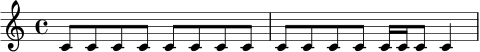 
\drummode {
  \time 4/4
  bd8 hh sn hh bd hh sn hh |
  bd8 hh sn hh bd16 bd hh8 sn4 |
}
