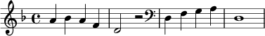 \relative c'' {
\key d \minor
\time 4/4
a4 bes a f |
d2 r2 |
\clef bass
d,4 f g a |
d,1 |
}