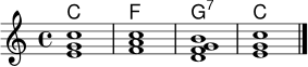 \version "2.24.0"
\header { tagline = ##f }
\score {
<<
\new ChordNames \chordmode { c1 f g:7 c }
\new Staff \relative c' {
\clef treble
\key c \major
\time 4/4
<e g c>1 | <f a c>1 | <d f g b>1 | <e g c>1 \bar "|."
}
>>
\layout { indent = 0\mm }
\midi { \tempo 4 = 72 }
}