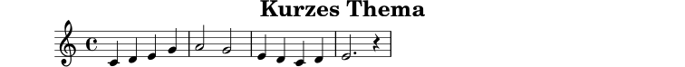 X:1
T:Kurzes Thema
M:4/4
L:1/4
K:C
C D E G|A2 G2|E D C D|E3 z|