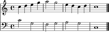 \version "2.22.0"
oben = \relative c'' { \key c \major \time 4/4 c4 d e g | a2 g2 | e4 d c d | c1 \bar "|." }
unten = \relative c' { \key c \major \time 4/4 c2 g2 | f2 g2 | a2 g2 | c,1 \bar "|." }
\score {
<<
\new Staff {
\set Staff.midiInstrument = "flute"
\oben
}
\new Staff {
\set Staff.midiInstrument = "cello"
\clef bass
\unten
}
>>
\layout { }
\midi { \tempo 4=80 }
}