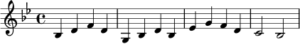 \relative c' {
\key bes \major
\time 4/4
bes4 d f d | g, bes d bes | ees g f d | c2 bes
}