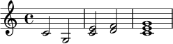 
\relative c' {
  \time 4/4
  c2 g |
  <c e>2 <d f> |
  <c e g>1 |
}
