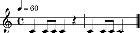 \relative c' {
\time 4/4
\tempo 4 = 60
c4 c8 c c4 r4 | c4 c8 c c2 \bar "|."
}
