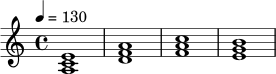 \relative c' {
\key a \minor
\time 4/4
\tempo 4 = 130
<a c e>1 |
<d f a>1 |
<f a c>1 |
<e g b>1 |
}