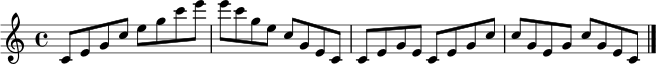 \relative c' {
\clef treble
\key c \major
\time 4/4
c8 e g c e g c e
e c g e c g e c
c e g e c e g c
c g e g c g e c
\bar "|."
}