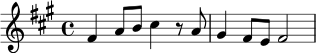 \relative c' {
\key fis \minor
\time 4/4
fis4 a8 b cis4 r8 a |
gis4 fis8 e fis2 |
}