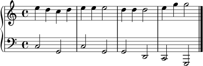 \new PianoStaff <<
\new Staff \relative c'' { \time 4/4 e4 d c d | e e e2 | d4 d d2 | e4 g g2 \bar "|." }
\new Staff \relative c { \clef bass c2 g | c g | g d | c g \bar "|." }
>>