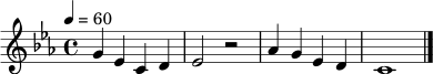 \relative c'' { \set Staff.midiInstrument = "oboe" \time 4/4 \key c \minor \tempo 4 = 60 g4 ees c d | ees2 r2 | aes4 g ees d | c1 \bar "|." }
