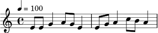 \relative c' {
\time 4/4
\tempo 4 = 100
e8 e g4 a8 g e4 |
e8 g a4 c8 b a4 |
}