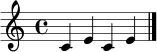 \relative c' { \clef treble \time 4/4 c4 e4 c4 e4 \bar "|." }
