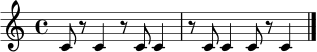 \relative c' {
\time 4/4
c8 r c4 r8 c c4 |
r8 c c4 c8 r c4 \bar "|."
}