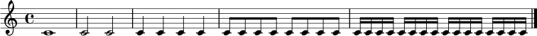 \relative c' { \clef treble \time 4/4 c1 | c2 c2 | c4 c4 c4 c4 | c8 c8 c8 c8 c8 c8 c8 c8 | c16 c16 c16 c16 c16 c16 c16 c16 c16 c16 c16 c16 c16 c16 c16 c16 \bar "|." }