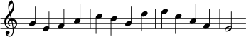 {
\omit Staff.TimeSignature
\clef treble
g'4 e'4 f'4 a'4 c''4 b'4 g'4 d''4 e''4 c''4 a'4 f'4 e'2
}
