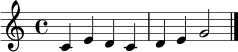 \relative c' { \set Staff.midiInstrument = "acoustic grand" \key c \major \time 4/4 c4 e d c | d e g2 \bar "|." }