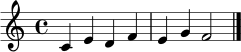 \relative c' { \clef treble \time 4/4 c4 e d f | e g f2 \bar "|." }