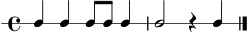 
\version "2.22.0"
\score {
  \new RhythmicStaff {
    \time 4/4
    c4 c4 c8 c8 c4 | c2 r4 c4 \bar "|."
  }
  \layout { }
  \midi { \tempo 4 = 80 }
}
