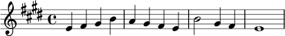 \relative c' {
\key e \major
\time 4/4
e4 fis gis b |
a4 gis fis e |
b'2 gis4 fis |
e1 |
}