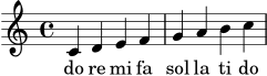 \score {
<<
\new Staff {
\new Voice = "melodie" \relative c' {
\clef treble
\key c \major
\time 4/4
c4 d e f | g a b c |
}
}
\new Lyrics \lyricsto "melodie" {
do re mi fa sol la ti do
}
>>
\layout { }
\midi { \tempo 4 = 76 }
}