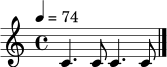 \relative c' { \tempo 4=74 \time 4/4 c4. c8 c4. c8 \bar "|." }