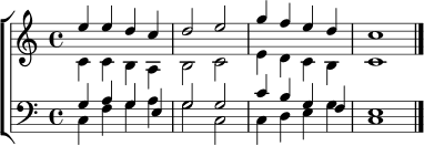 
\header { tagline = ##f }
sopran = \relative c'' { e4 e d c | d2 e | g4 f e d | c1 \bar "|." }
alt = \relative c' { c4 c b a | b2 c | e4 d c b | c1 \bar "|." }
tenor = \relative c' { g4 a g e | g2 g | c4 b g f | e1 \bar "|." }
bass = \relative c { c4 f g a | g2 c, | c4 d e g | c,1 \bar "|." }
\score {
  \new ChoirStaff <<
    \new Staff = "Frauenstimmen" <<
      \new Voice = "Sopran" { \clef treble \key c \major \time 4/4 \voiceOne \sopran }
      \new Voice = "Alt" { \voiceTwo \alt }
    >>
    \new Staff = "Maennerstimmen" <<
      \new Voice = "Tenor" { \clef bass \key c \major \time 4/4 \voiceOne \tenor }
      \new Voice = "Bass" { \voiceTwo \bass }
    >>
  >>
  \layout { }
  \midi { \tempo 4 = 72 }
}

