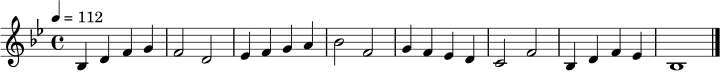 \relative c' {
\key bes \major
\time 4/4
\tempo 4 = 112
bes4 d f g | f2 d |
ees4 f g a | bes2 f |
g4 f ees d | c2 f |
bes,4 d f ees | bes1 \bar "|."
}