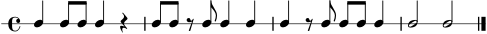 
\version "2.22.0"
\header { tagline = ##f }
\score {
  \new RhythmicStaff {
    \time 4/4
    c4 c8 c8 c4 r4
    c8 c8 r8 c8 c4 c4
    c4 r8 c8 c8 c8 c4
    c2 c2
    \bar "|."
  }
  \layout { }
  \midi { \tempo 4 = 92 }
}
