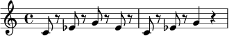 \relative c' {
\time 4/4
c8 r ees r g r ees r |
c8 r ees r g4 r4 |
}