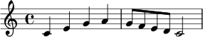 \relative c' {
\key c \major
\time 4/4
c4 e g a |
g8 f e d c2
}