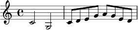 
\relative c' {
  \time 4/4
  \key c \major
  c2 g | c8 d e g a g e d |
}
