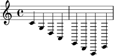 \relative c' { \clef treble \key c \major \time 4/4 c4 g d a | e b f c' | }