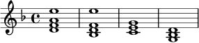 
\relative c' {
  \key d \minor
  \time 4/4
  <d f a e'>1 |
  <bes d f e'>1 |
  <c e g>1 |
  <g bes d>1 |
}
