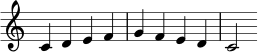 {
\omit Staff.TimeSignature
\clef treble
c'4 d'4 e'4 f'4 g'4 f'4 e'4 d'4 c'2
}