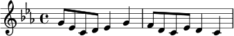 \relative c'' {
\key c \minor
\time 4/4
g8 ees c d ees4 g |
f8 d c ees d4 c |
}