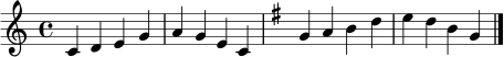\relative c' { \time 4/4 \key c \major c4 d e g | a g e c | \key g \major g' a b d | e d b g \bar "|." }
