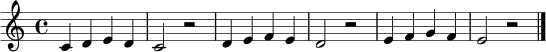 
\relative c' { \clef treble \key c \major \time 4/4 c4 d e d | c2 r2 | d4 e f e | d2 r2 | e4 f g f | e2 r2 \bar "|." }
