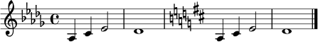 \version "2.18.2"
\header { tagline = ##f }
\relative c' {
\time 4/4
\key des \major
aes4 c ees2 | des1 |
\key d \major
a4 cis e2 | d1 \bar "|."
}