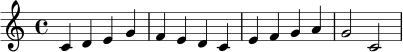 \relative c' { \clef treble \key c \major \time 4/4 c4 d e g | f e d c | e f g a | g2 c,2 }