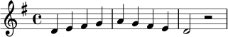 \relative c' { \clef treble \key g \major \time 4/4 d4 e fis g | a g fis e | d2 r2 | }