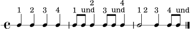 \version "2.24.0"
\header { tagline = ##f }
\score {
\new RhythmicStaff {
\time 4/4
c4^\markup { "1" } c4^\markup { "2" } c4^\markup { "3" } c4^\markup { "4" } |
c8^\markup { "1" } c8^\markup { "und" } c4^\markup { "2" } c8^\markup { "3" } c8^\markup { "und" } c4^\markup { "4" } |
c2^\markup { "1 2" } c4^\markup { "3" } c8^\markup { "4" } c8^\markup { "und" } |
\bar "|."
}
\layout { ragged-right = ##t }
\midi { \tempo 4 = 80 }
}