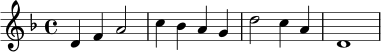 \relative c' {
\key d \minor
\time 4/4
d4 f a2 |
c4 bes a g |
d'2 c4 a |
d,1
}