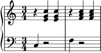 \new PianoStaff <<
\new Staff {
\time 3/4
\clef treble
r4 <e' g' c''> <e' g' c''> |
r4 <f' a' c''> <f' a' c''> |
}
\new Staff {
\time 3/4
\clef bass
c4 r2 |
f4 r2 |
}
>>